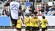 Fotbalisté brnnské Zbrojovky se radují z gólu proti eským Budjovicím.