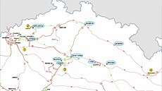 Mapa postiené ásti penosové soustavy. 1 - pád vodie na vedení V411. 2 -...