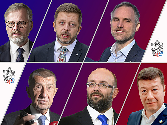 Lídi uskupení, jim dávají pedvolební przkumy anci dostat se do Snmovny - lídr koalice SPOLU Petr Fiala, éf STAN Vít Rakuan, pedseda Pirát Zdenk Hib, lídr ANO Andrej Babi, pedseda Stailo! Daniel Sterzik a éf SPD Tomio Okamura 