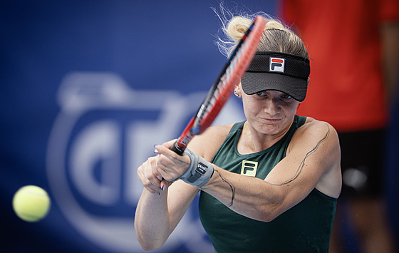 Lucie Havlí�ková hraje bekhend na turnaji WTA v Praze.