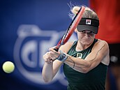 Lucie Havlí�ková hraje bekhend na turnaji WTA v Praze.