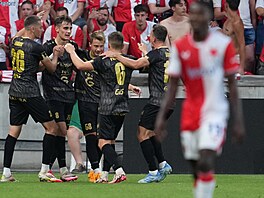 Fotbalisté Hradce Králové se radují z gólu do sít Slavie.