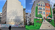 Pvodní vzhled domu a stejná stavba s murálem o celkové ploe pes 380 m2, jde...