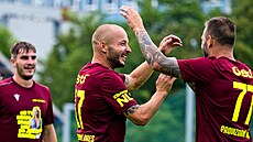 25. 7. 2025, Viagem Ústí nad Labem - Vla�im, druhá liga. Domácí slavící, zleva...