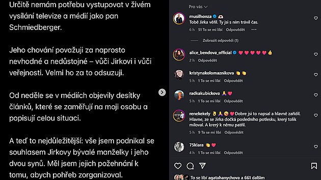 Tom Zajc se na Instagramu vyjdil nesouhlasn k chovn bvalho manaera Jiho Krampola, fotografa Miloe Schmiedbergera. (31. ervence 2025)