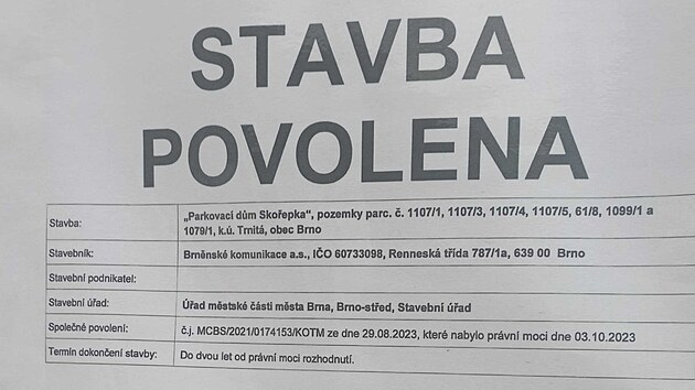 Stavebn povolen na parkovac dm na ulici Skoepka bylo vydno u v jnu...
