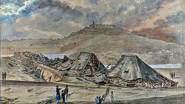 Hrad pilberk vyobrazen na kresb smrem z doln ulice v roce 1830.