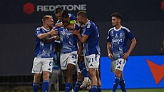 Olomoutí fotbalisté slaví gól Muhameda Tijaniho do sít Liberce.