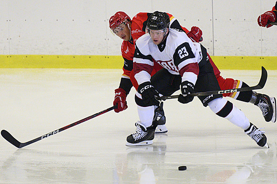 Zleva Connor Bunnaman z Hradce Králové, Pavel Kousal ze Sparty.