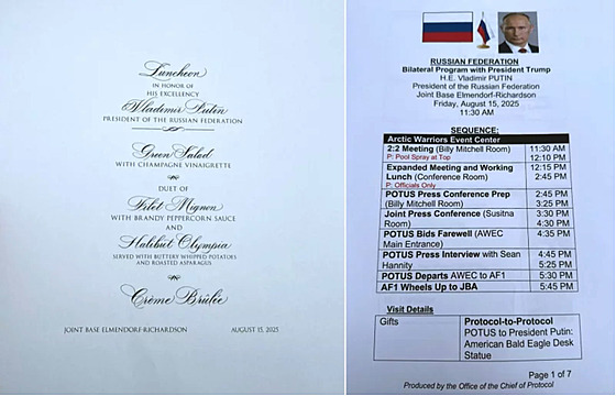 Fotografie dvou dokument� o setkání Trumpa a Putina na Alja�ce, které byly...