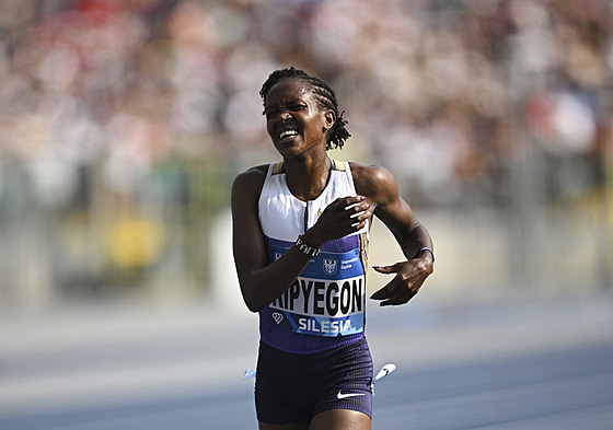 Faith Kipyegonová v cíli závodu na 3000 metr� na Diamantové lize v Chorzów�.