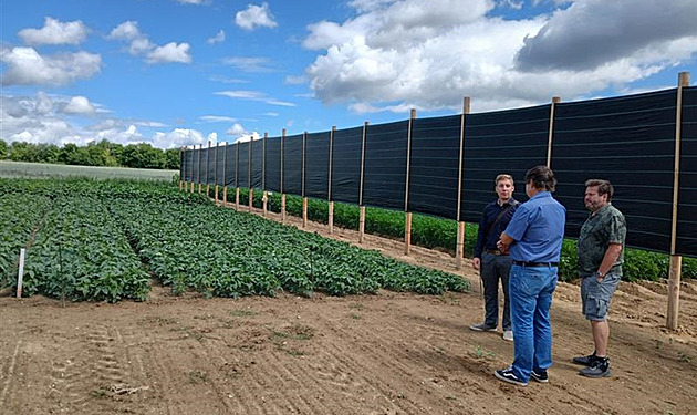 Autoi projektu na polích u Okrouhlice simulují pítomnost fotovoltaiky. Její...