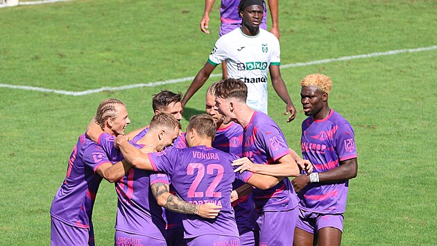 Fotbalisté Bohemians se radují z gólu Jana Matou�ka proti Karviné.