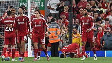 Mohamed Salah z Liverpoolu líbá trávník po brance proti Bournemouthu.