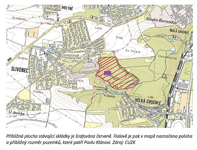 Mapa s vyznaenou skládkou (ervené rafování) a dvma Klánovými pozemky...