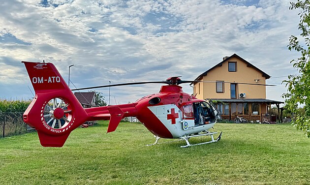 Záchranáský vrtulník na míst zásahu pi tké alergické reakci po bodnutí...