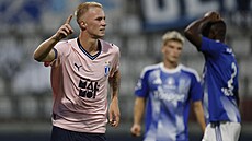 Daniel Gudjohnsen z Malmö se raduje ze vst�eleného gólu do sít� Sigmy.