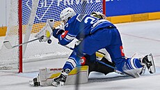 Hynek Zohorna z Komety Brno dává gól do sít� �védského Brynäsu v zápase Ligy...