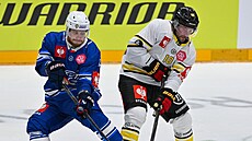 Adam Zboil z Komety Brno (v modrém) v souboji se soupeem ze védského Brynäsu...