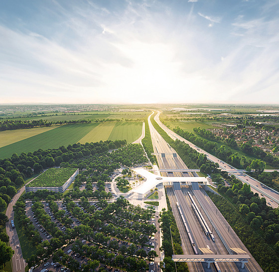 Vizualizace terminálu vysokorychlostní trat v Praze východ.