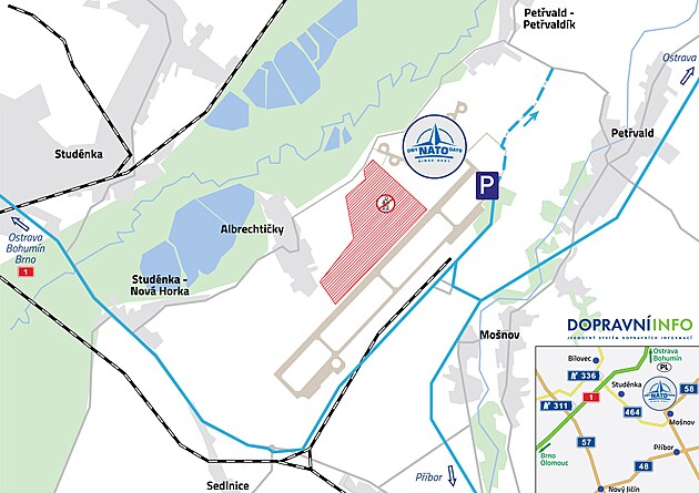 Mapa ukazuje píjezdové cesty (mode) k centrálnímu parkoviti pro Dny NATO.