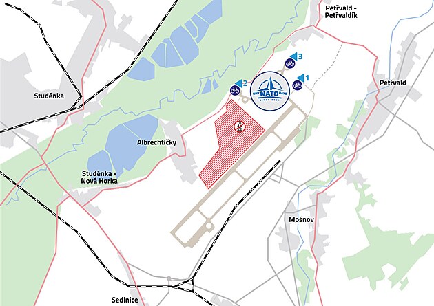 Mapa ukazuje píjezdové cesty na kole (rové trasy) na Dny NATO.