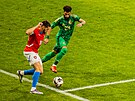 David Jurásek brání mí� p�ed Abdulrahmanem Al Oboudem.
