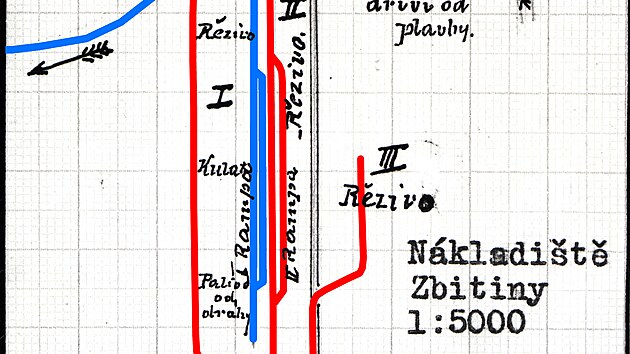Dobov� zjednodu�en� pl�nek p�ekladi�t� Sp�lenec. �erven� jsou vyzna�eny koleje rozchodu 760 mm, mod�e koleje s rozchodem 1 435 mm. GPS: 48.9245897N, 13.9698817E