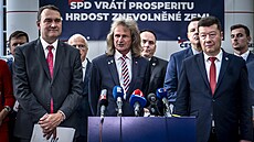 Hnutí SPD pedstavilo volební program pro íjnové snmovní volby. Na tiskové...