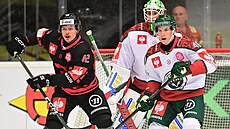 David Vitouch (zleva) cloní p�ed branká�em Johansson z Frölundy.