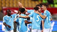 Belgi�tí fotbalisté slaví trefu v kvalifika�ním utkání proti Lichten�tejnsku.