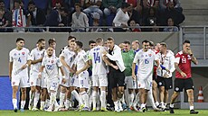 Radost slovenských fotbalist po vítzné tref Tomáe Riga v utkání s...