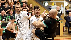 Emil Caba z Partizanu B�lehrad brání karvinskému pivotu Janu U�ekovi ve st�elb�.