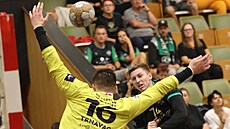 Karvinské k�ídlo Pavel Bajer st�ílí mezi ruce b�lehradského branká�e Andreje...