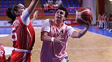 Posila basketbalistek �abin Artemis Spanuvoá (s mí�em) b�hem p�ípravného zápasu...