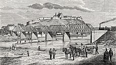 Vy�ehradské panorama s novým mostem v Novém pra�ském kalendá�i z roku 1873