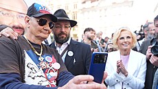 V Praze se konalo předvolební shromáždění hnutí Stačilo!. Na dolní straně...