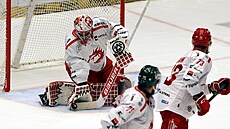 Branká� t�ineckých Ocelá�� Marek Mazanec zastavuje puk.