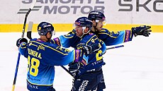 Zlíntí hokejisté slaví gól.