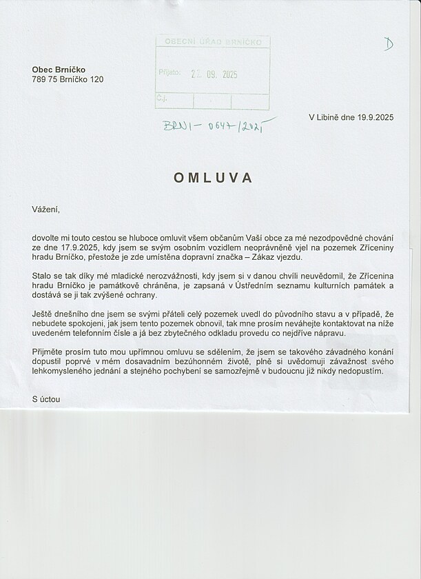 Omluvný dopis, který zaslal obci Brníko idi dípu, který jezdil po tamní...