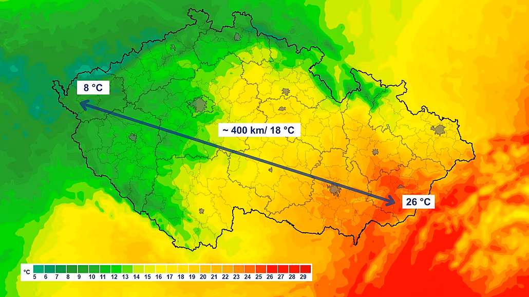 Teplotní rozdíly mezi západem a jihovýchodem �eska. (22. zá�í 2025)