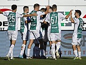 Jablone�tí fotbalisté se radují z prom�n�né penalty Jana Chramosty.