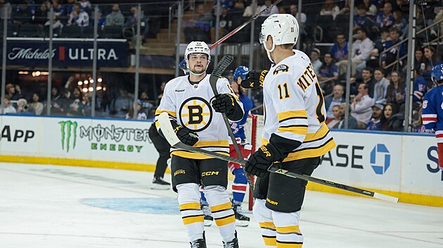 Mat�j Blümel a Casey Mittelstadt se radují z branky v p�íprav�.