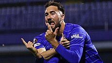 Dion Drena Beljo z DInama Záheb slaví gól v zápase Evropské ligy proti...