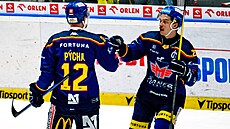 �eskobud�jovický Pavel Pýcha slaví gól, gratuluje mu Josef Kolá�ek.