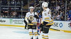 Matj Blümel a Casey Mittelstadt se radují z branky v píprav.