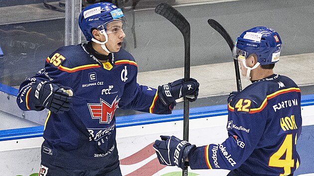 Hokejist� Tom� Cibulka a �t�p�n Hoch z �esk�ch Bud�jovic se raduj� z g�lu do...