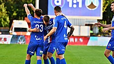 Fotbalisté Artis Brno se radují z gólu do sít Liberce v MOL Cupu.