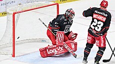 Branká Stanislav korvánek z Hradce Králové inkasuje gól.