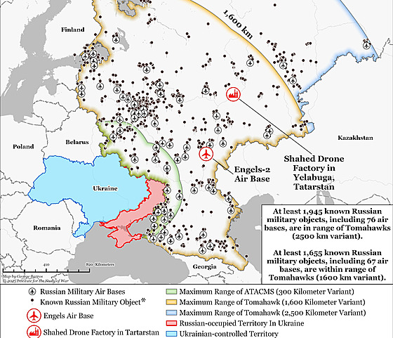 Porovnání dosahu stel ATACMS a Tomahawk na map Institute for the Study of War